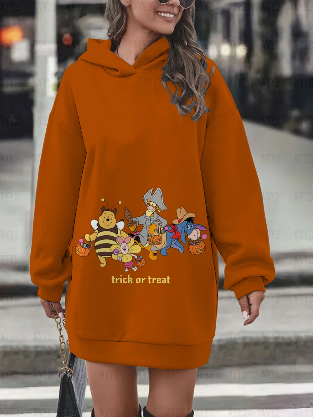 Women's Warm Sweatshirt Disney Winnie the Pooh Print Hoodie Sweatshirt Dress Fashion Street Style Women's Sweatshirt Dress