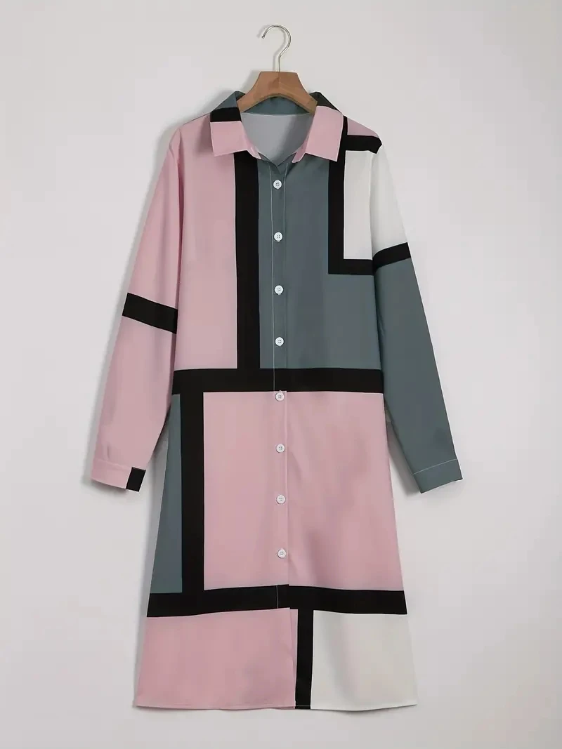 Vestido camisero elegante y bonito para mujer, ropa de noche con estampado de bloques de Color 3D, vestidos de graduación de lujo, novedad de 2024