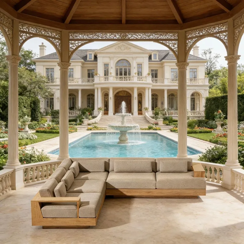 Durable Teak Corner Sofa System Built with All-Weather Fabric and High Resilience Foam for Hotel Terrace Poolside