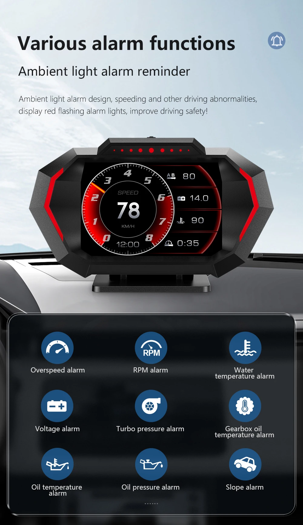 OBDII Smart Digital Tachometer Meter HUD P24 Auto Head Up Display OBD + GPS System Neigungsmesser Kraftstoff Verbrauch Übergeschwindigkeit alarm – Detail 22
