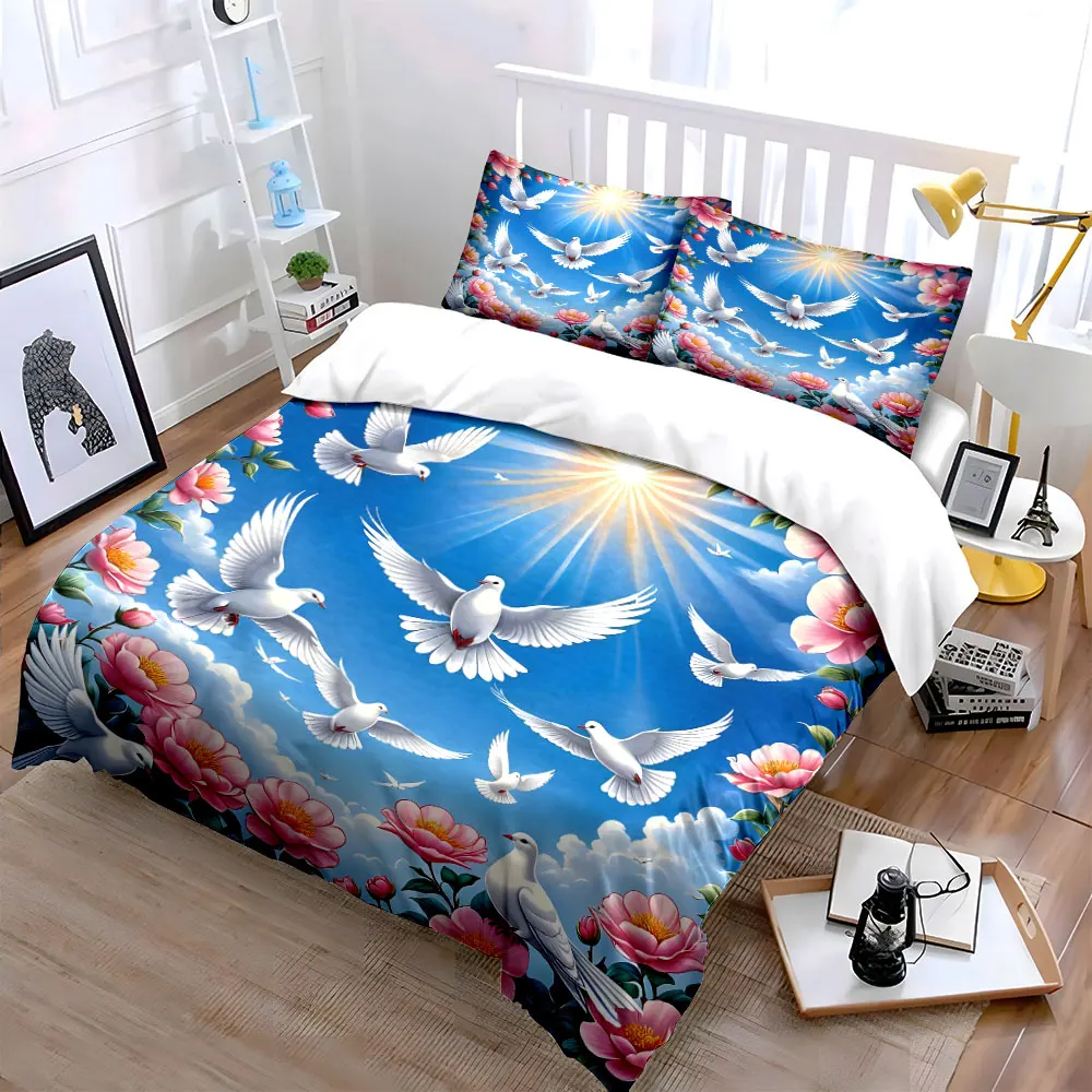 Peaceful doves in floral sky Print Soft Comfortable Duvet Cover Bedding Set Included 1*Duvet Cover 2*Pillowcases Luxury gifts