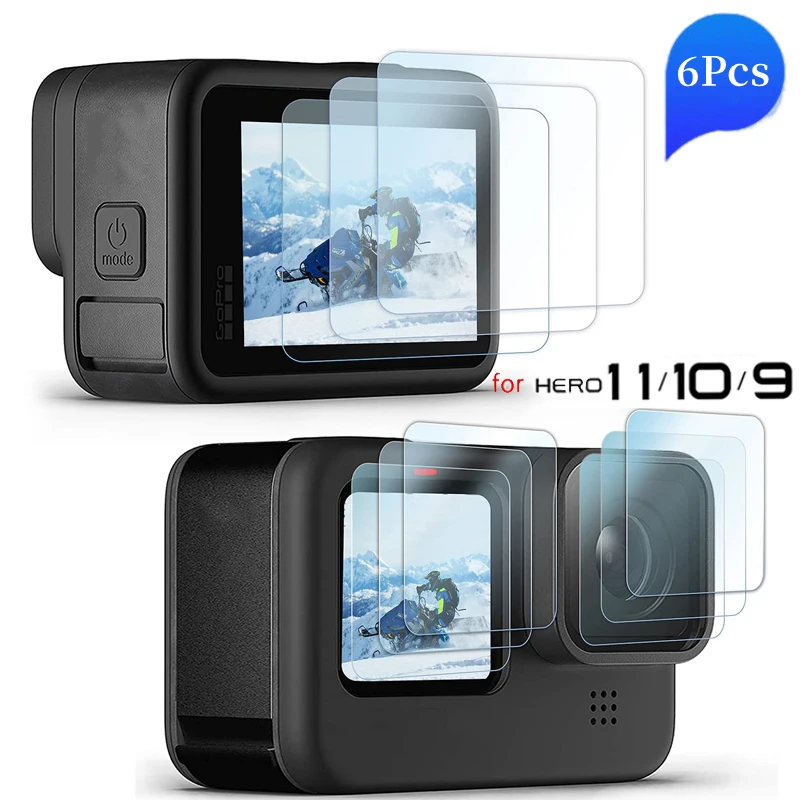 6Pcs HD Tempered Glass for GoPro Hero 9/10/11 Front Screen&Lens Protector Glass Film for HERO 11 10 9 Black Action Camera