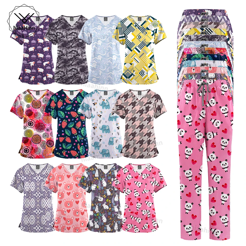 Fashion Medical Hospital Nurse Uniform Women Printed Designs Unisex Scrub Set Elastic Breathable Work Clothes Nurses Accessories