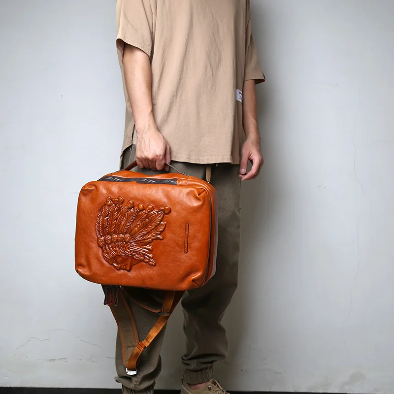 Mochila multifuncional para hombre, bolso de cuero de vaca, marca de tendencia de moda europea y americana, para ordenador