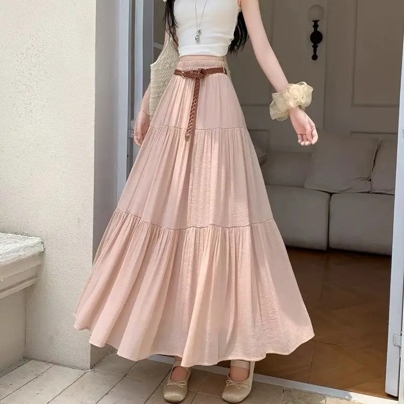 

Linen Blend Patchwork Maxi Skirt for Women, Summer New Arrival High Waist A-Line Skirt, Flowy Long Skirt with Elastic Waistband