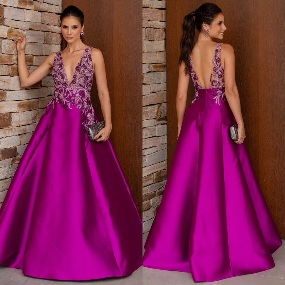 Satin Embroidery Draped Celebrity Ball Gown V-neck Bespoke Occasion  Long Dresses