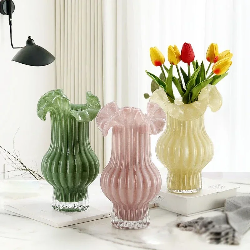 French retro premium Fenton glass vase pleated lace tabletop flower device