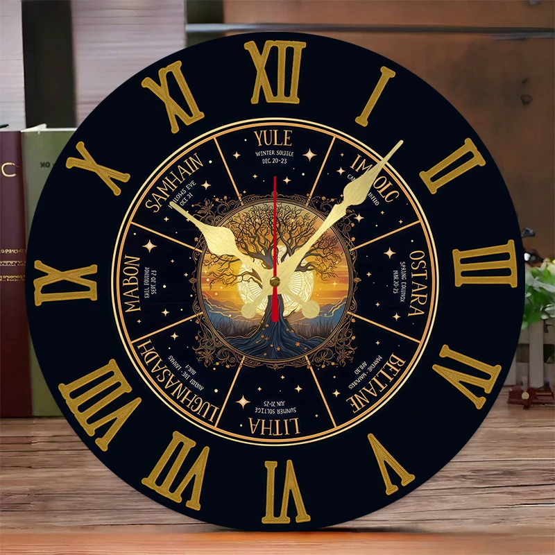 Termos solares y árbol Reloj de pared colgante silencioso redondo de madera, adecuado para sala de estar, oficina, sala de estudio, dormitorio, decoración del hogar