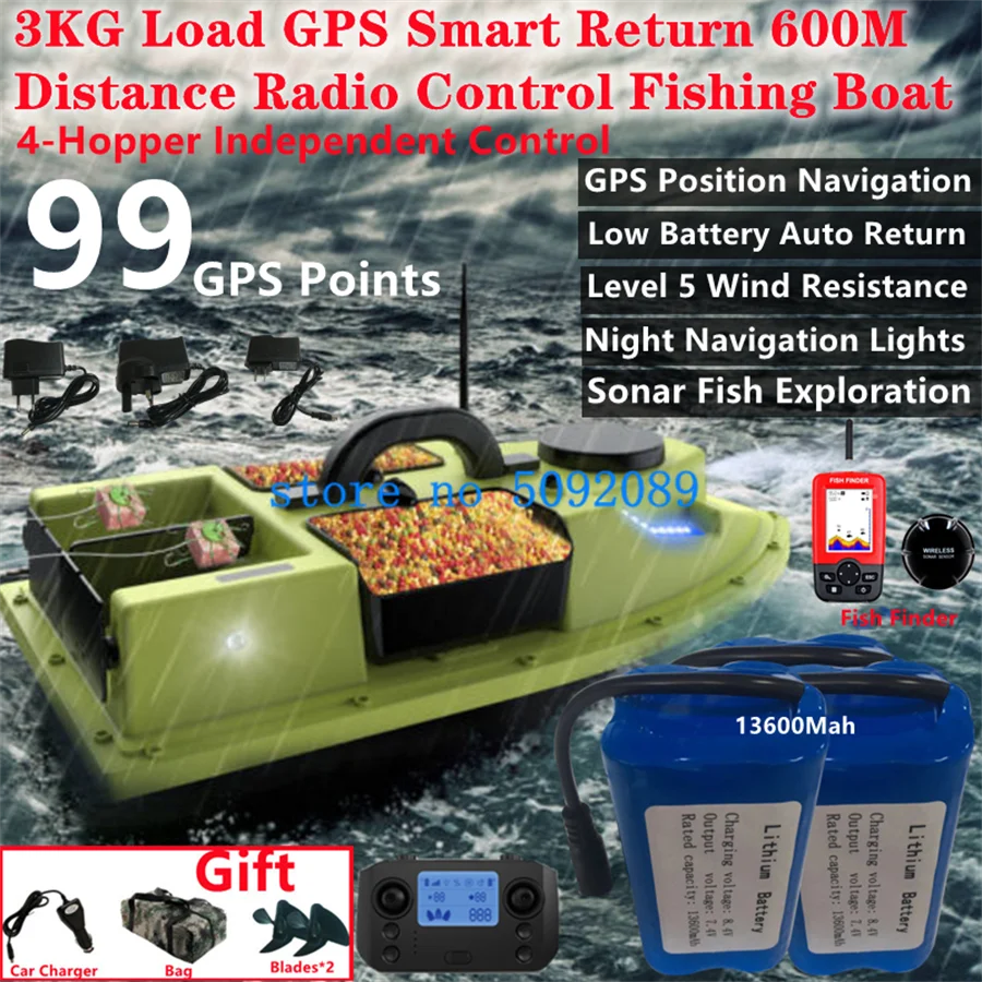 Outdoor 4Hopper 99 GPS Bei Dou Points RC Bait Boat 3KG Load 600M LED Lighting Sonar Fish Exploration Remote Control Fishing Boat