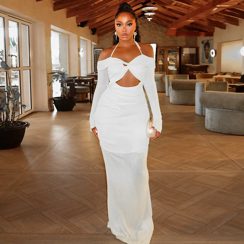 

STYLISH LADY Hollow Out Elegant Maxi Dress 2025 Autumn Women Long Sleeve Strapless Bodycon Draped Party Festival Vestidos
