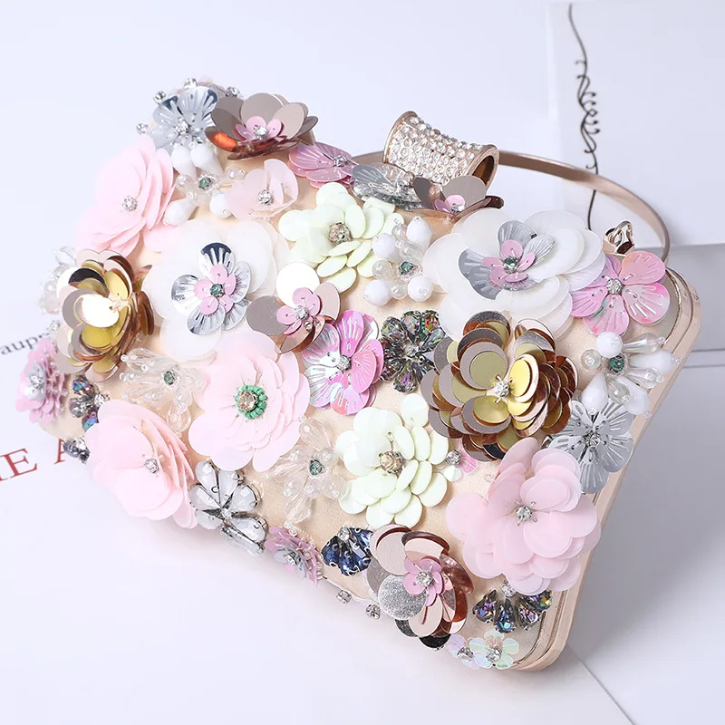 Fashion Women Flower Evening Handbag Chain Strap Shoulder Bag Multicolored handmade party clutch purse for wedding beaded bags