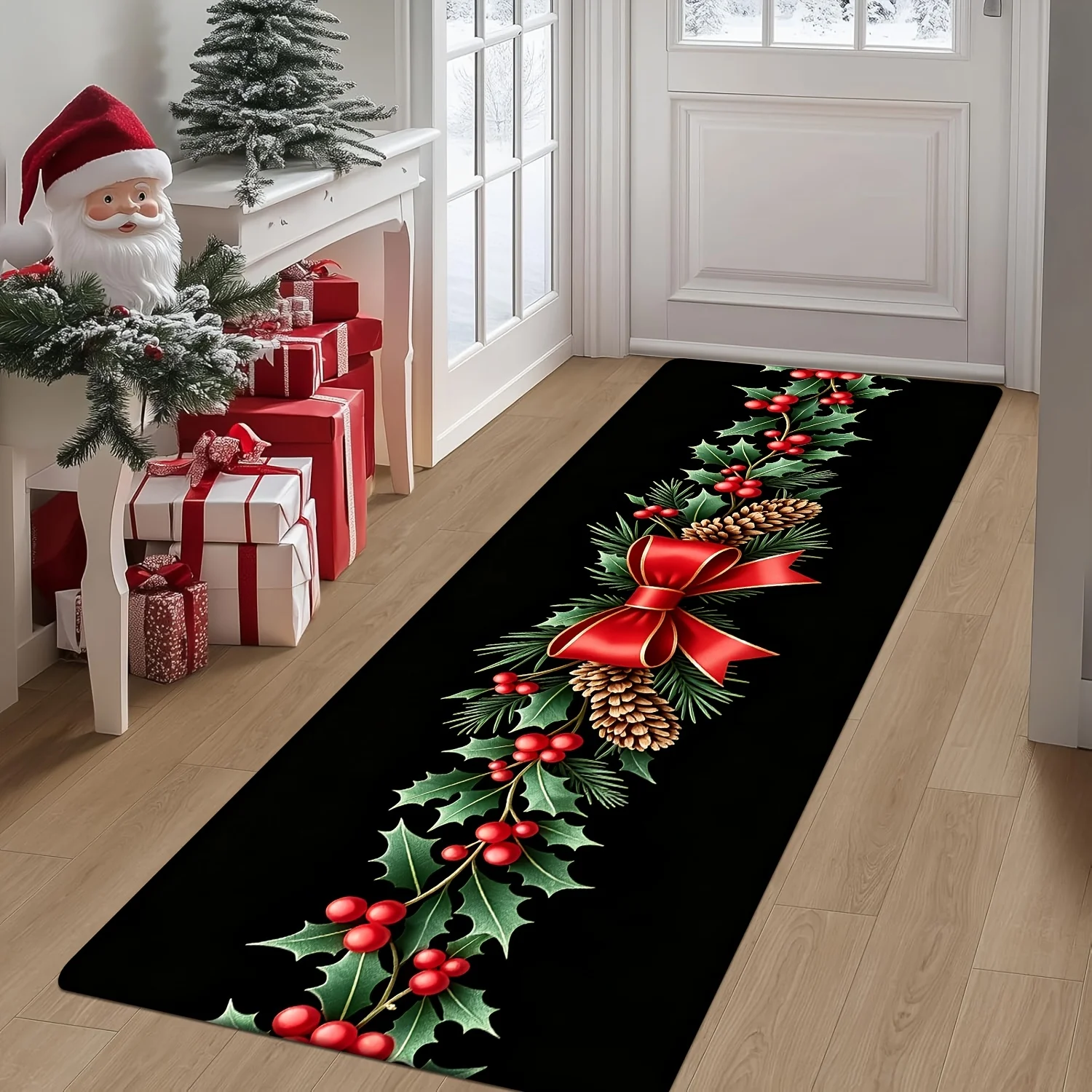 Black Holly Berry Pine Cone Runner Rug Red Bow Winter Christmas Garland Print Long Floor Rug Simple Elegant Hall Decor Rug