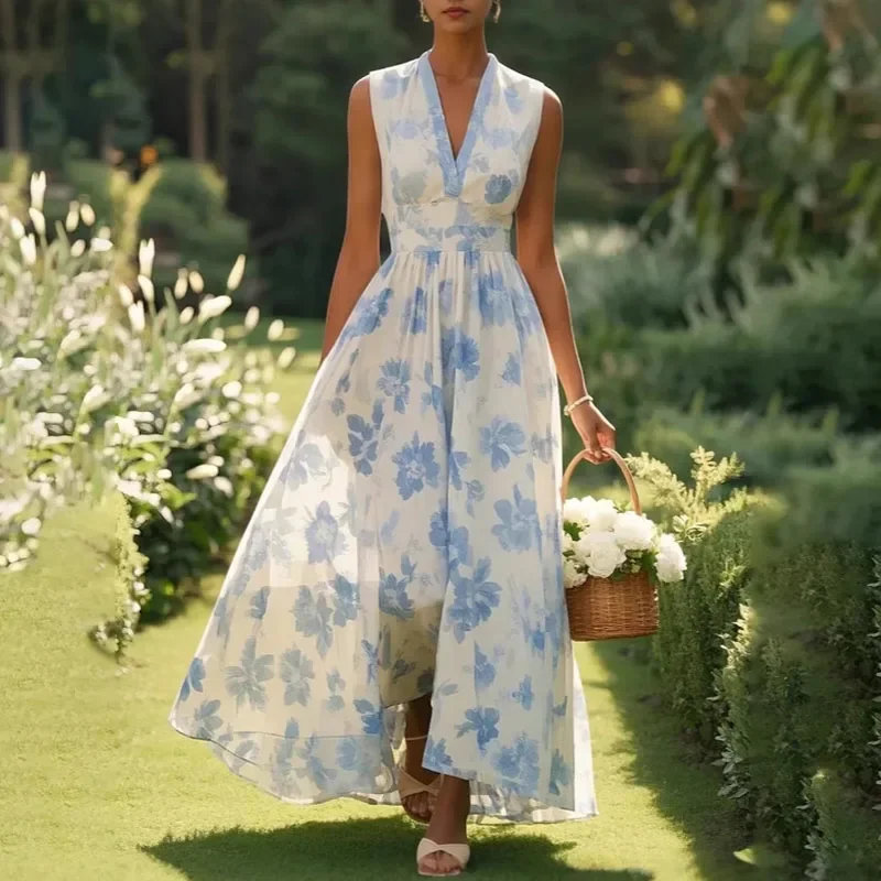 Frühling Elegante Blumen Druck A-Line Lange Kleider Frau Sexy V-ausschnitt Hohe Taille Party Kleid Sommer Ärmellose Urlaub Kleid Vestido