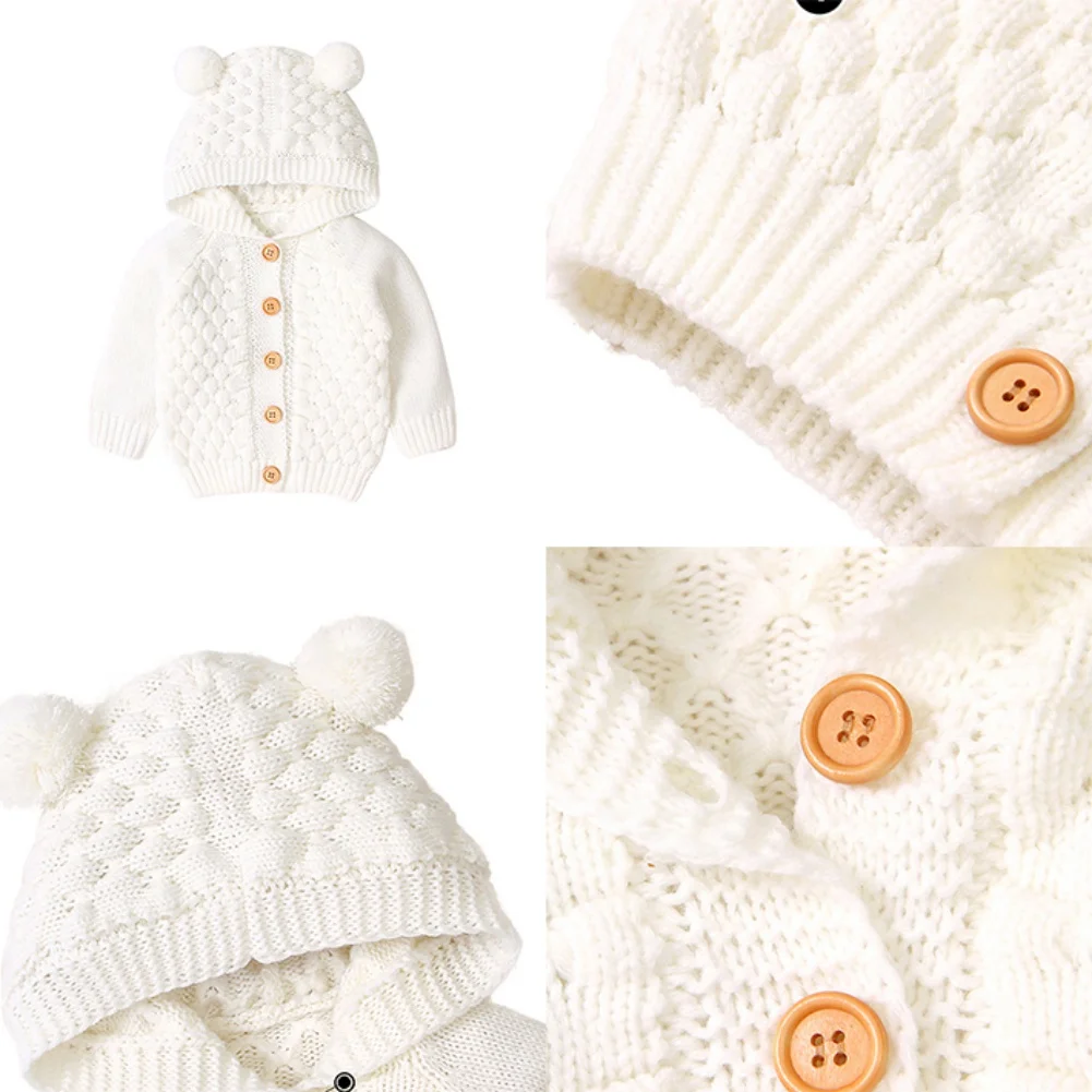 Baywell Infant Knitted Cardigan Sweater Spring Autumn Solid Fur Ball Hooded Baby Boys Girls Clothing Sweaters