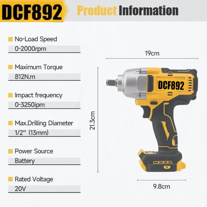 Llave eléctrica sin escobillas DCF892, controlador de impacto inalámbrico de 1/2 pulgadas, 812N.m, herramientas de reparación de automóviles de alto par, compatible con batería Dewalt