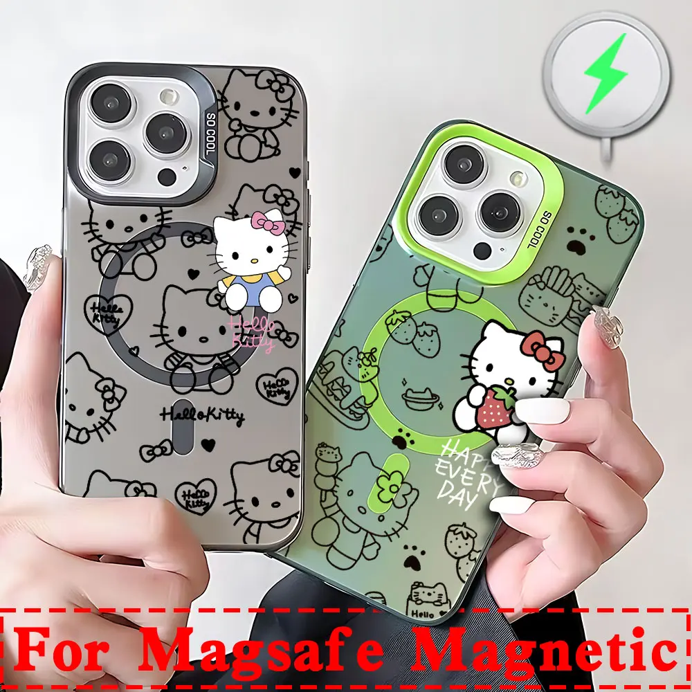 Original Kawaii Hello Kittys Magsafe Magnetic Case for Samsung S25 S24 S23 S22 S21 S20 FE Plus Ultra 5G Soft Silver Plated Cover