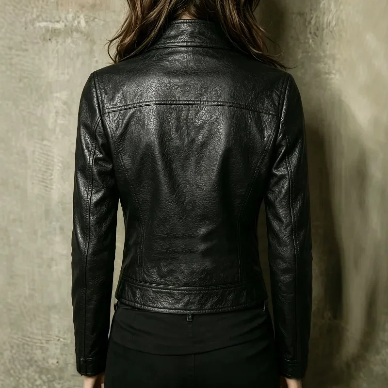 Fashionable Motorcycle Lapel Zipper Fake Bag Design Made PU Leather Spring Autumn Women Clothing New Retro Fitted Leather Jacket