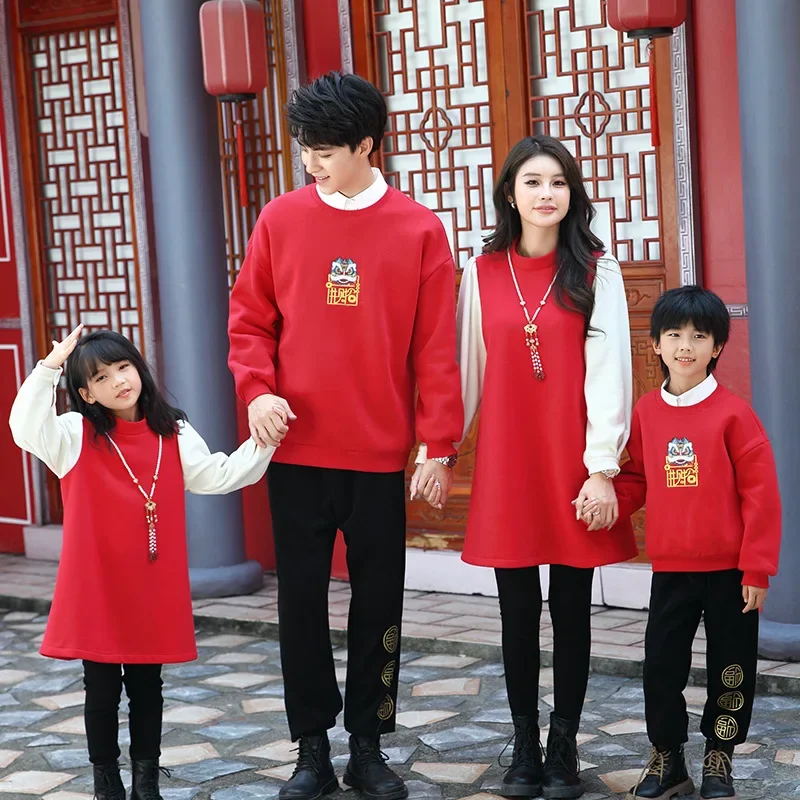 New Years Family Matching Red Outfit Parent-child Clothing Mother and Daughter Girls Dress Father and Son Boy Baby Sweatshirts