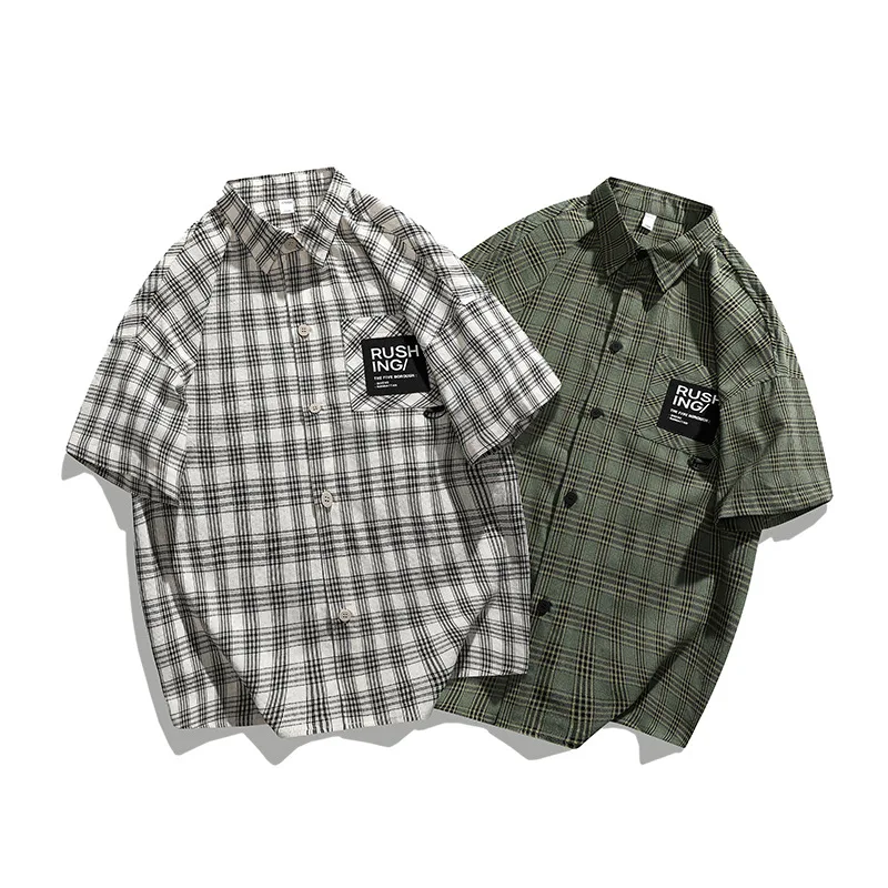 2023 New 100% Cotton Men Casual Plaid Shirt Short Sleeved Korean Style Fashion Striped Loose Harajuku Clothes Streetwear 2XL 3XL