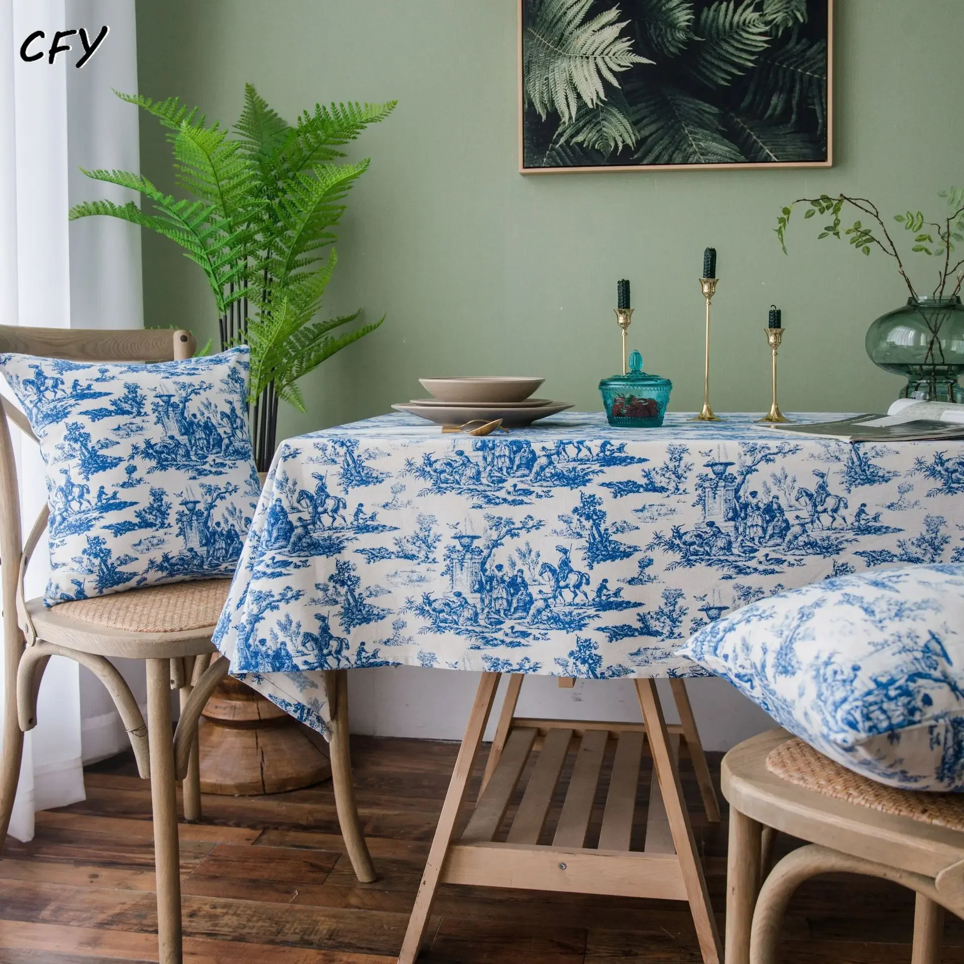 Cotton Linen Retro Blue Korean Print Ink Tablecloth Rectangular Table Cloth Kitchen Table Map Towel Tablecloth Room Decoration