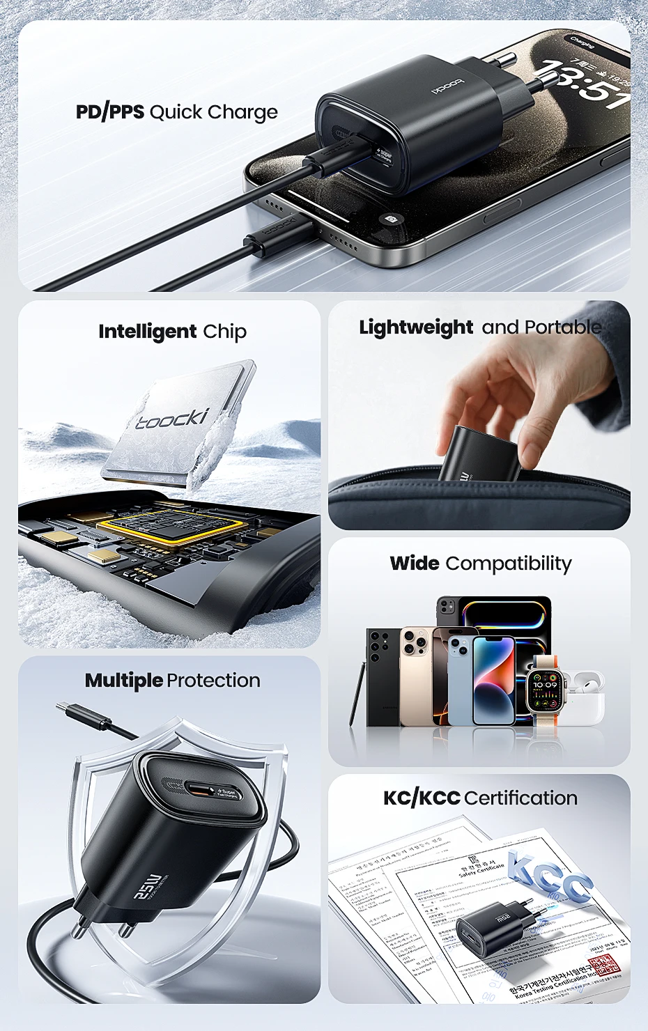 Toocki 25W USB-Ladegerät PD 3.0 PPS Schnellladung Mini USB Typ C Telefonladegerät für Samsung S23 S24 S25 iPhone 16 15 14 13 Pro Max – Detail 2