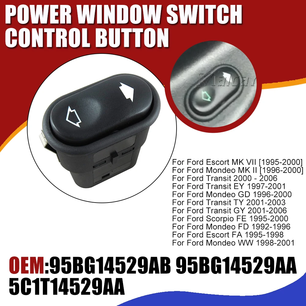 The 95BG14529AB electric window switch for the glass lift mechanism, with a single control function,is suitable for Ford Fiesta.