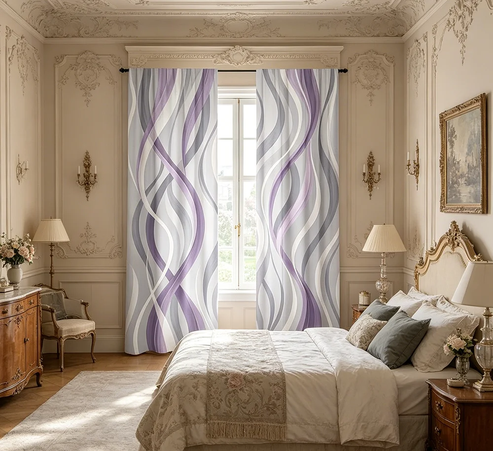 2PCS Digital Printed Curtains, Light Purple Spiral Swirl Abstract Modern, Rod Pocket Window Drapes for Living Room Bedroom Decor