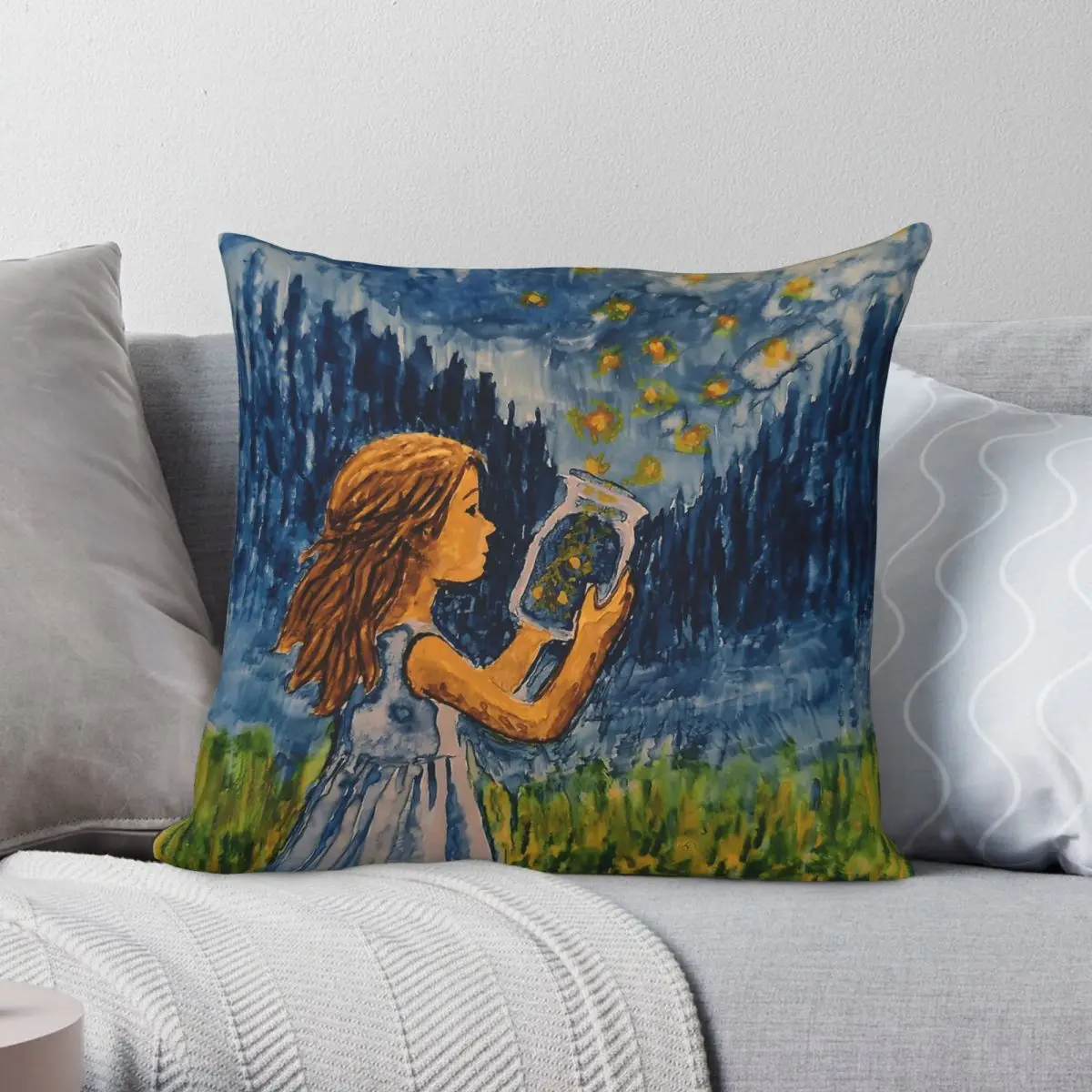 Housse de coussin carrée décorative avec motif de lucioles qui deviennent des étoiles, en polyester, lin et velours, pour chambre, 45x45