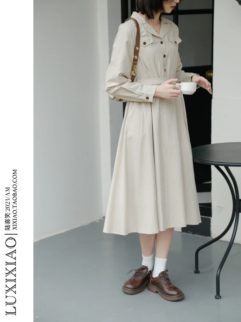 

LUXIXIAO Women's Loose Plaid Long Dr Collar Waist-Cinched Korean Sle Long Sve irt Dr Spring New Arrival