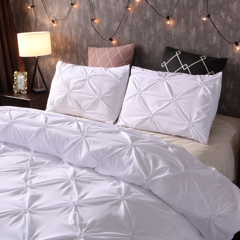 White Gold Elastic pinch pleated duvet cover set new trendy queen and king 3pcs quilt cover with zipper closure bedding sets