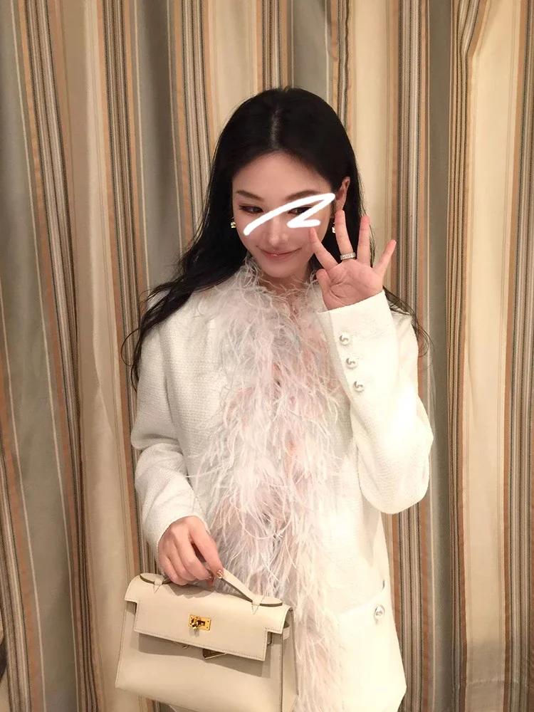 High-end Fluffy Ostrich Fur White Feather Jackets Women 2024 Autumn Winter Small Fragrant Ladies Lotus Leaf Edge Tailored Coats