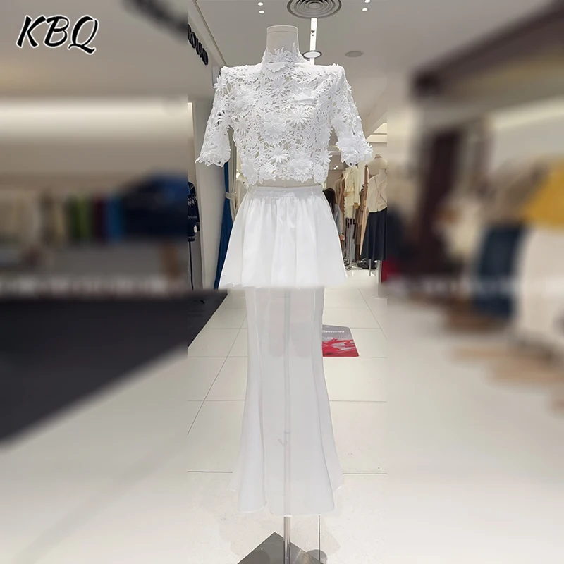 

KBQ Solid Two Pieces Sets for Women Round Neck Short Sleeve Hollow Out Short Tops High Waist Long Skirts Temperament Set Female