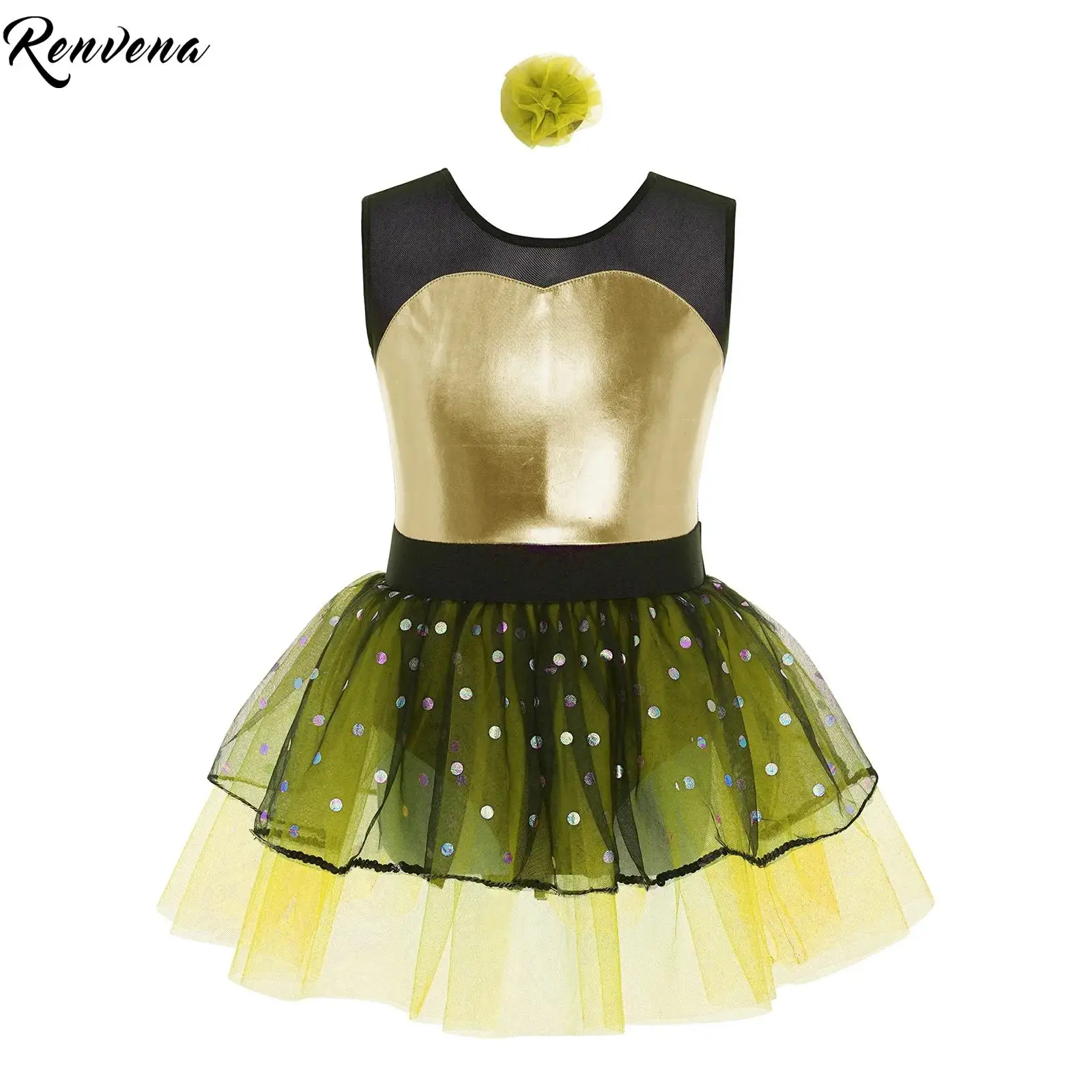 Vestido de leotardo de Ballet para niñas, disfraz de bailarina puesta en escena, corpiño metálico brillante con mangas de malla transparente, falda tutú