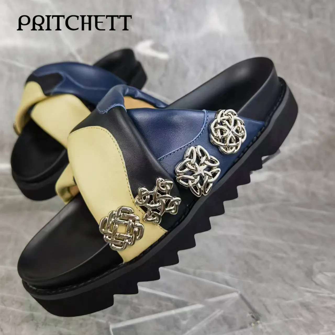 

Silver Metal Buckle Platform Slippers Color Matching Cross Strap Open Toe Round Toe Slipper Fashion Casual Women's Shoes