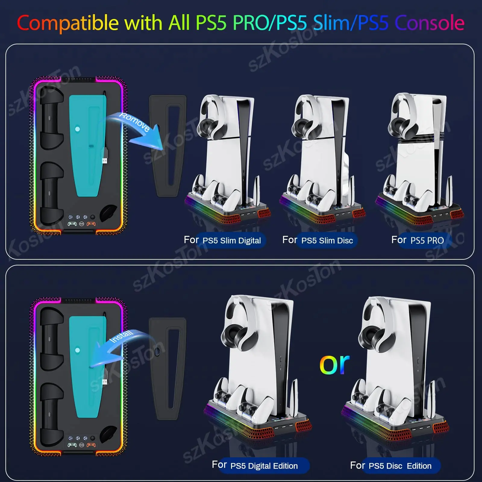 For PS5 Pro PS5 Slim Games Consoles Vertical Stand Cooling Station Controller Charger Cooling Fan for PlayStation 5 Accessories