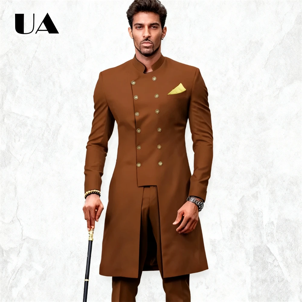 

Double Breasted Long Suit Set for Men, Africa Style Men's Formal Tuxedo Solid Customized Suit Attire Wedding Groom Suits