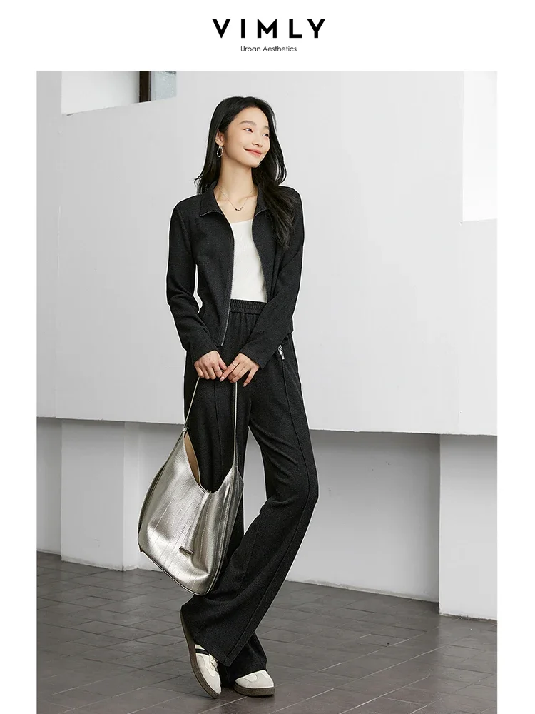 VIMLY Women\'s Sporty 2 Pieces Pants Sets Autumn Simple Lapel Top Straight Pant Comfort New Office Lady Matching Sets M9037