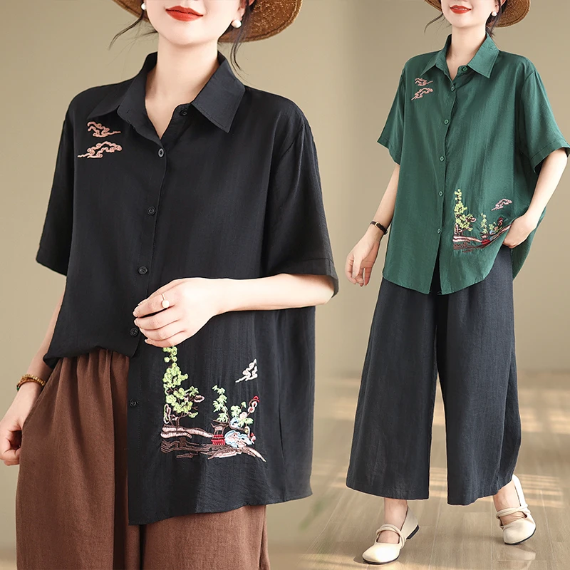 Summer New Heavy Embroidery ort Sve Loose Slimming Fat MM Belly Covering up Top Turn-down Collar Open Cardigan ort Sve