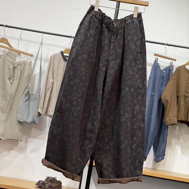 Autumn New Arts Style Women Elastic Waist Loose Casual Trousers Vintage Floral Print Cotton Linen Wide Leg Pants High Quality