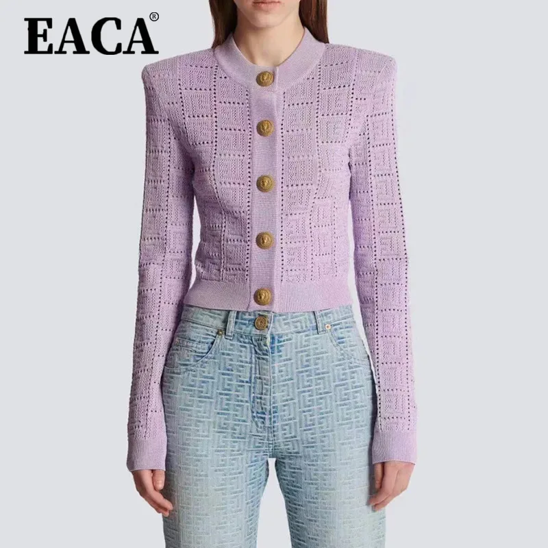 

EACA Temperament 2025 Spring/Summer New Small Round Neck Hollow Knitted Long Sleeve Top With Metal Buttons In Four Colors