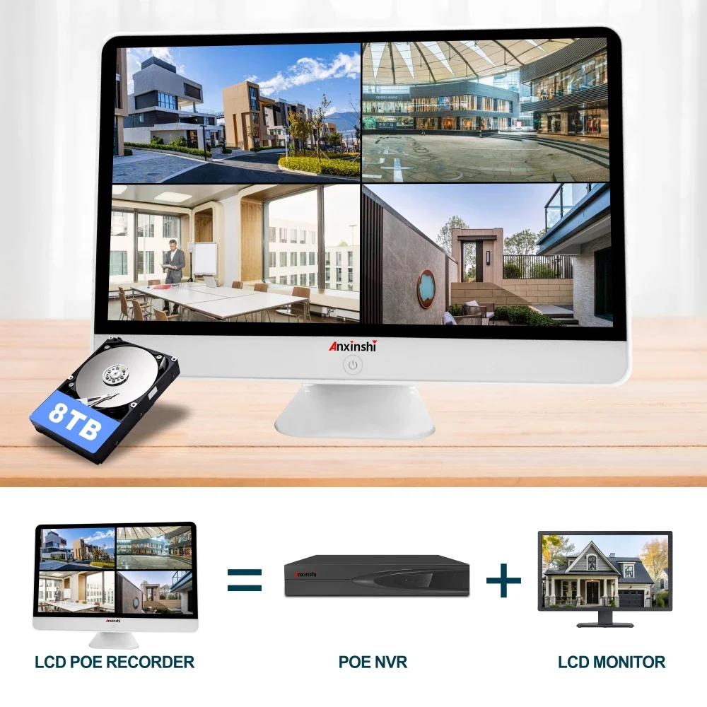 ระบบกล้องวงจรปิดอัจฉริยะ 4K 8CH สำหรับบ้าน พร้อมกล้อง IP POE 8MP จำนวน 4 ตัว ตรวจจับคน/สัตว์เลี้ยง/ยานพาหนะ พร้อมจอ LCD NVR ขนาดใหญ่ 16.5 นิ้ว