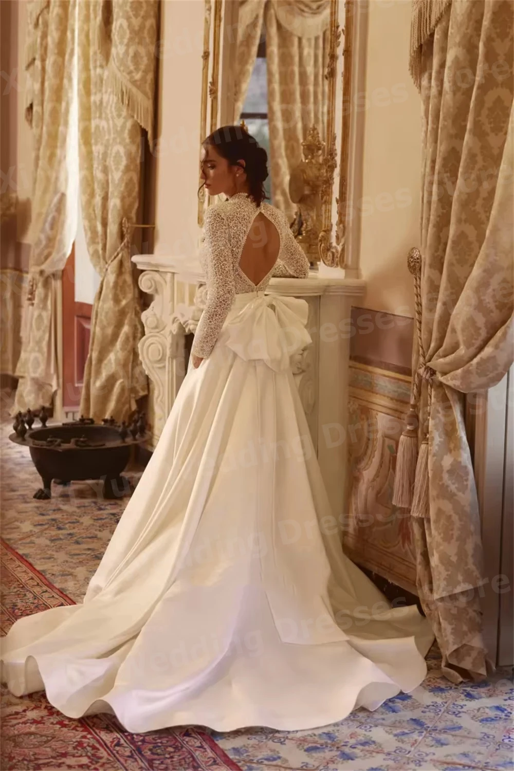 Brilhante uma linha feminina alta pescoço sem costas vestidos de casamento novia manga longa rendas vestidos de noiva personalizado robe de mariée