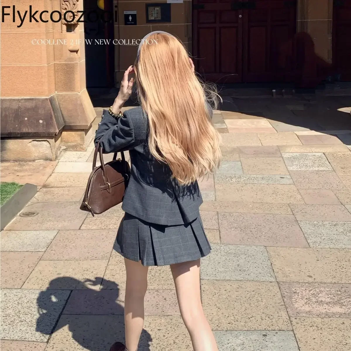 Temperament Fashionable Dark Grey Dark Striped Suit Jacket Women 2024 Autumn New Pleated Skirt Two-piece Ensembles De Jupes