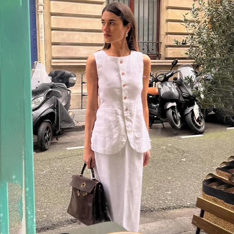 Conjunto de falda blanca con bolsillos para mujer, Top sin mangas con botonadura única, maxifalda con abertura, trajes elegantes de 2 piezas a la moda de verano, 2024