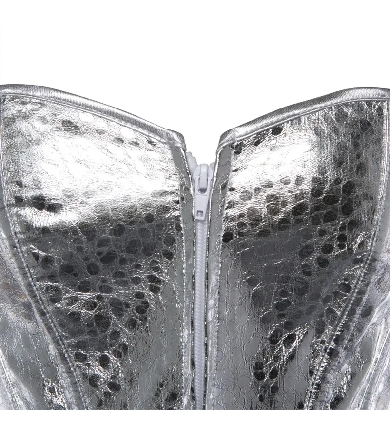 Women Silver Gold Vintage Style Overbust Corset Gothic Leather Steampunk Zip Nightclub Bustier Corselet Top Burlesque Lingerie image 5