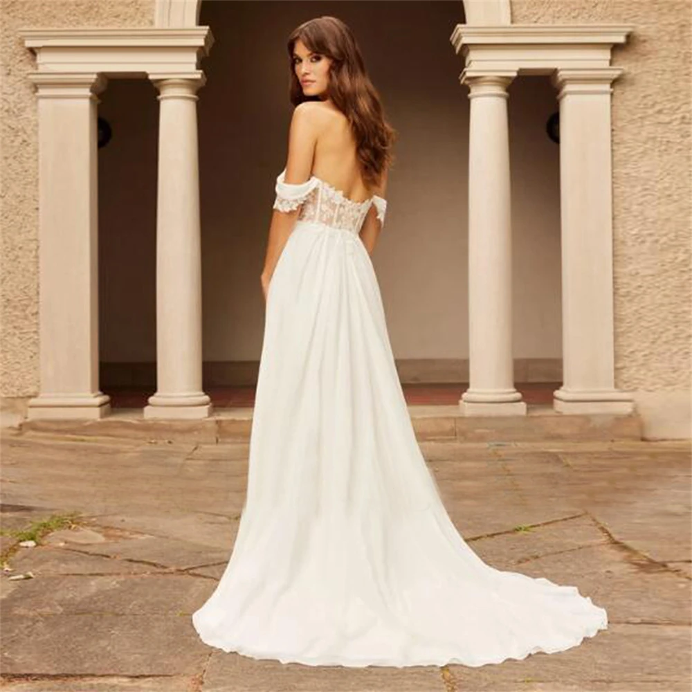 Abiti da sposa da sposa con applicazioni in pizzo con spalle scoperte e corsetto trasparente in Tulle con spacco laterale abiti da sera lunghi a-line da sera formale