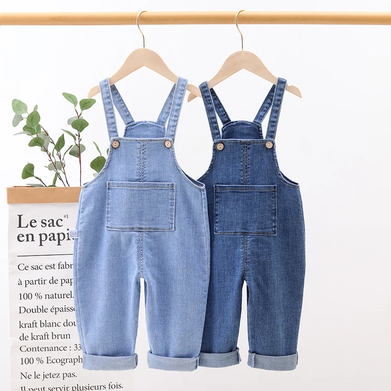 Meninos meninas denim macacão primavera verão bolso solto casual jean macacões 1-5years criança suspender jeans