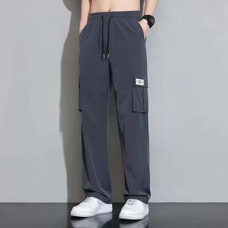 Fashion Quick Drying Casual Pants for Men's Thin Loose Tube Ice Silk Trendy Brand Breathable Work Clothes Sports Wide Trousers