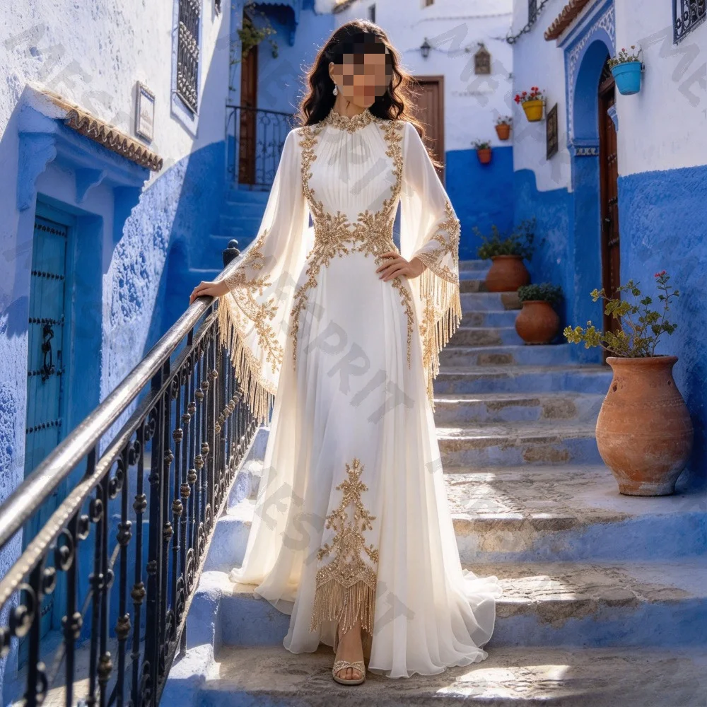 Maßgeschneidertes Würdevolles Muslimisches Chiffon-Abendkleid mit Langen Ärmeln 2026 Neues Leichtes Luxus-Design mit Quasten, Plissee und Applikationsmuster Langer Rock
