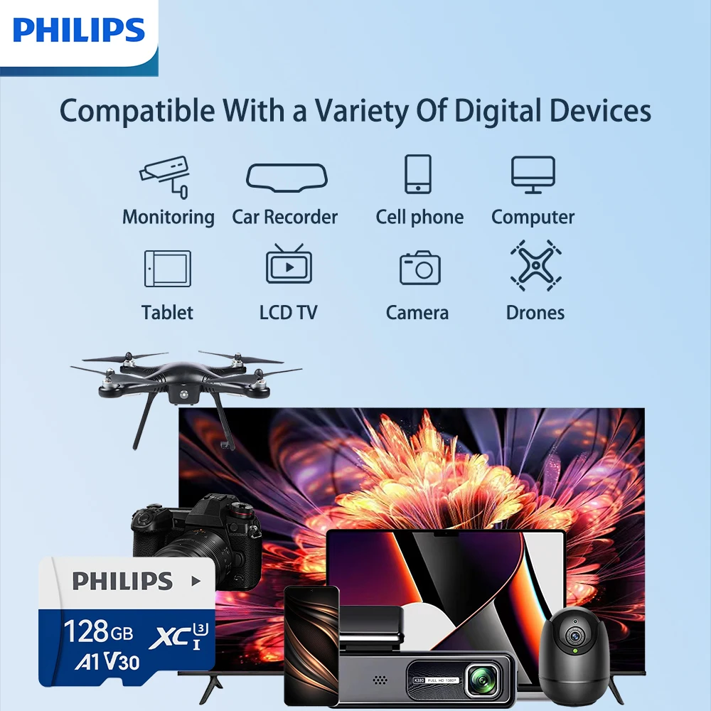 กล้องตรวจการณ์การ์ดความจำโทรศัพท์มือถือความจุสูง128GB บัตร TF Philips ตัวบันทึกในรถยนต์การ์ด SD V30การ์ดความจำความเร็วสูง